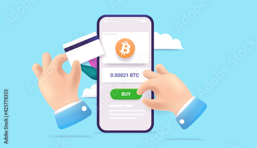 Buying Bitcoin online - Vector 3d illustration of hands purchasing crypto currency on mobile phone with credit card.