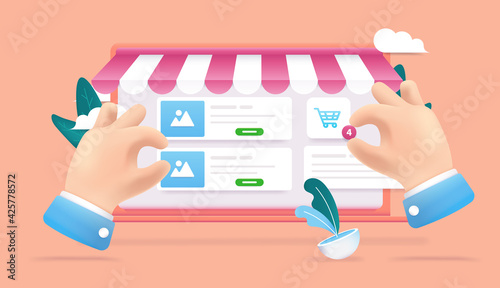 Web shop 3d vector illustration - Online shopping with two cartoon hands picking products and shopping. E-commerce concept.