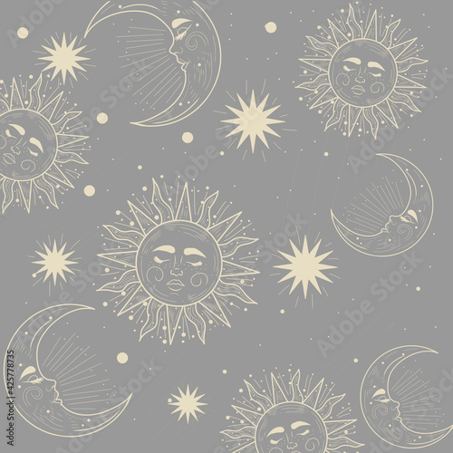 Celestial golden crescent moon pattern with face, sun and clouds on a gray background. Esoteric vector