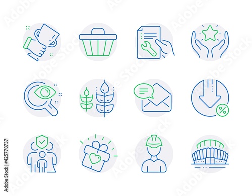 Business icons set. Included icon as New mail, Family insurance, Repair document signs. Love gift, Winner cup, Vision test symbols. Ranking, Gluten free, Foreman. Loan percent, Shop cart. Vector