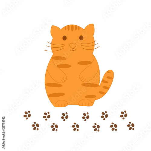 Little cute funny red striped cat with footprint of its paws, simple flat style vector illustration, domestic pet cozy home interior concept