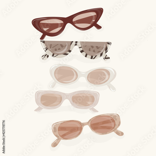 Set of colorful sunglasses. Glasses summer symbol. Glasses set for traveling design.