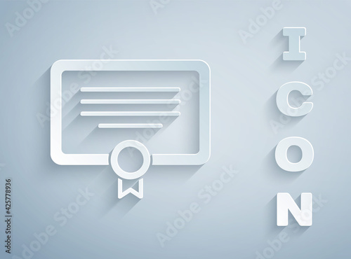 Paper cut Certificate template icon isolated on grey background. Achievement, award, degree, grant, diploma. Business success certificate. Paper art style. Vector