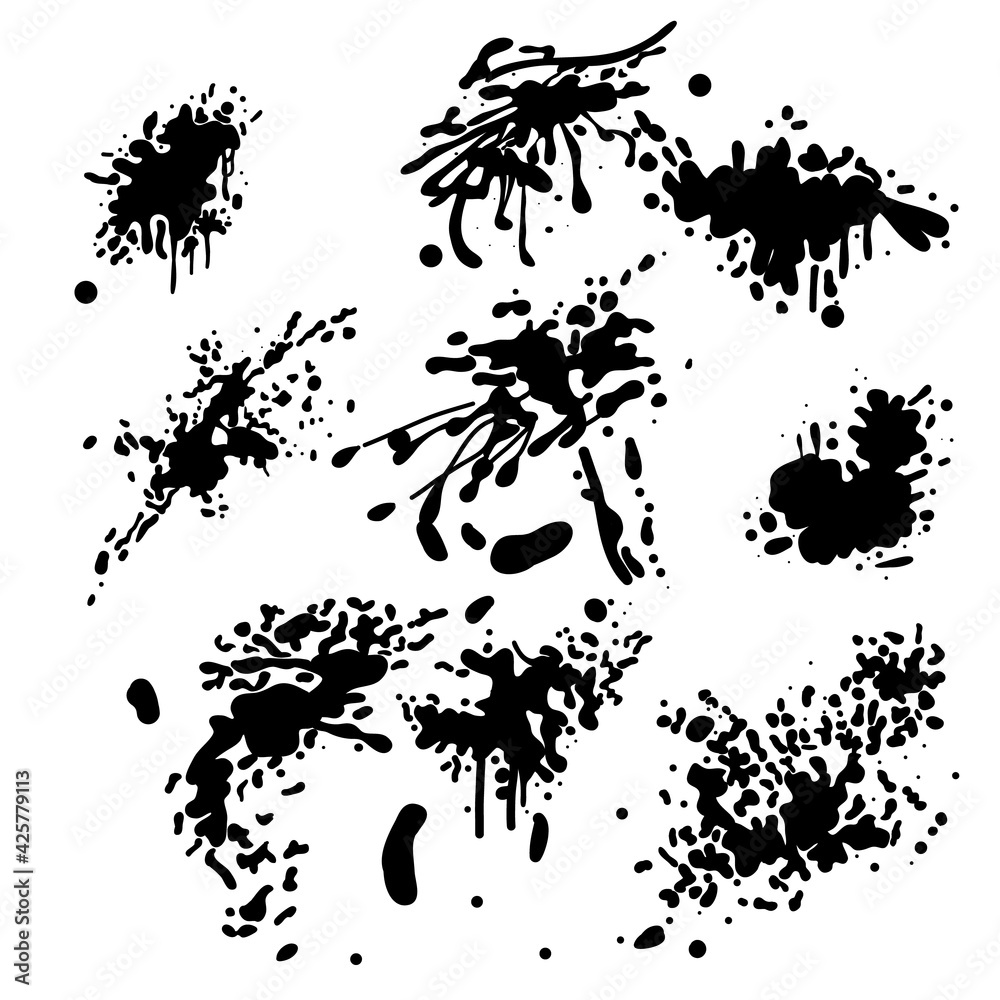 Black ink spots set on white background. Different handdrawn spray design elements. Blobs and spatters. Isolated vector illustration