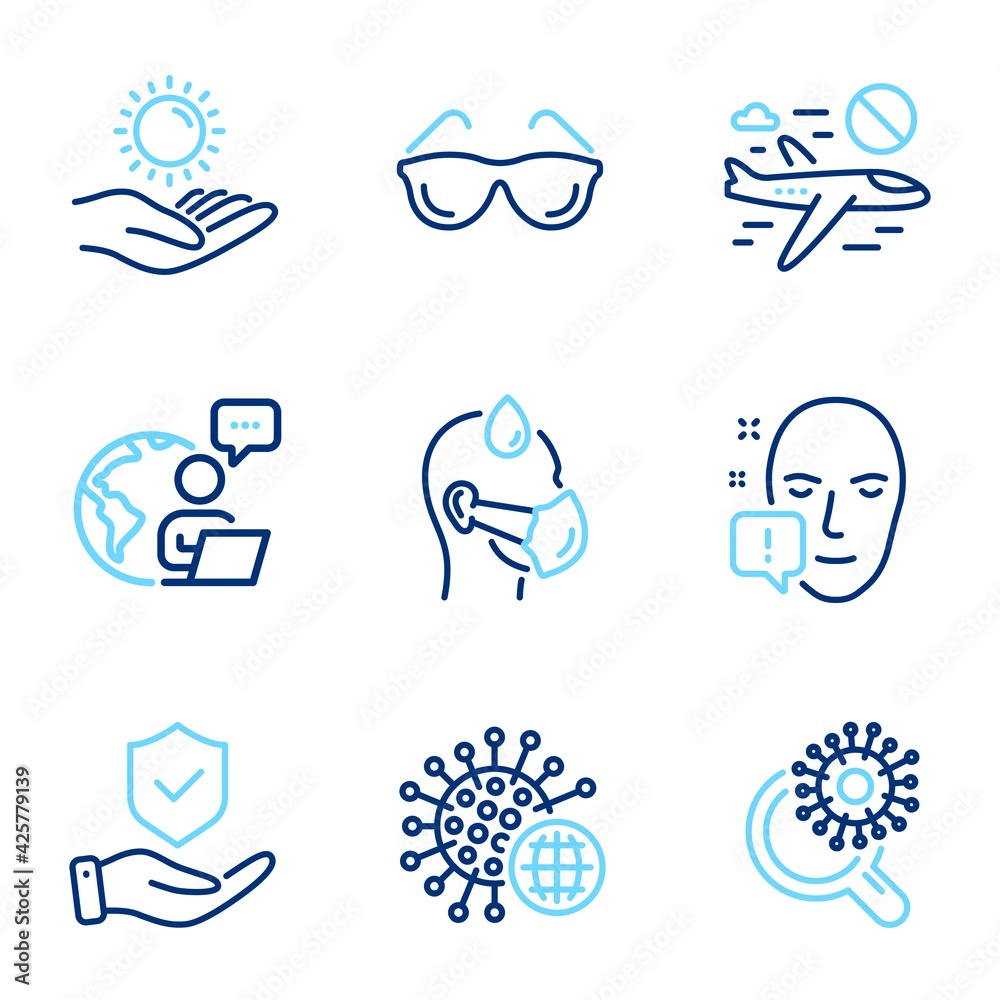 Medical icons set. Included icon as Face attention, Coronavirus, Cancel flight signs. Eyeglasses, Sun protection, Sick man symbols. Coronavirus research, Insurance hand line icons. Vector