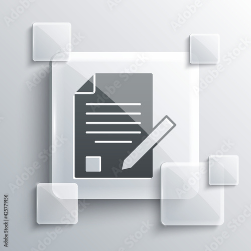 Grey Exam sheet and pencil with eraser icon isolated on grey background. Test paper, exam, or survey concept. School test or exam. Square glass panels. Vector