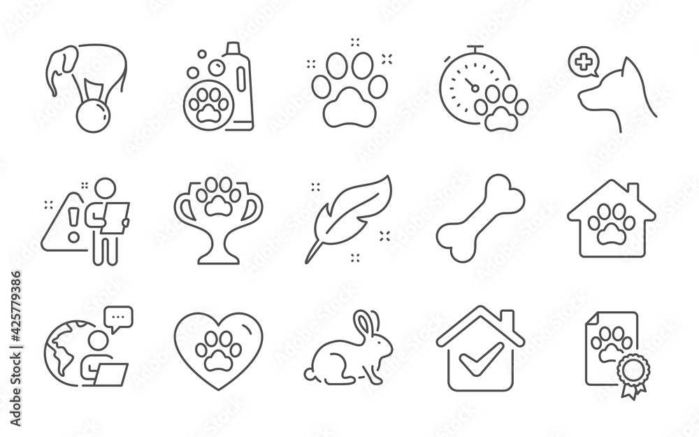 Dog competition, Dog bone and Veterinary clinic line icons set. Pets care, Pet shampoo and Winner cup signs. Pet shelter, Animal tested and Elephant on ball symbols. Feather. Line icons set. Vector