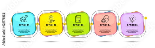 Attachment, Face cream and Pets care line icons set. Timeline process flowchart. Inspiration sign. Attach file, Gel, Shelter. Creativity. Infographics timeline banner. 5 steps plan diagram. Vector