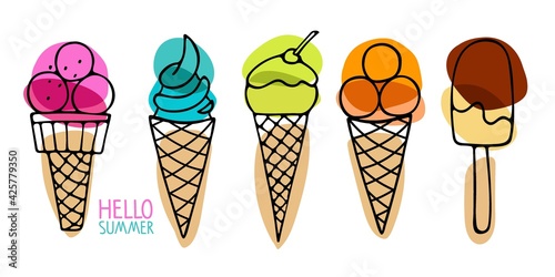 Hello summer. Collection of Ice Cream. Different ice screm types. Hand drawn sketch. Delicious frozen dessert. Bright summertime sweet food. Vector doodle for cafe menu, advertizing.
