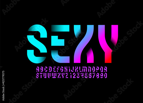 Bright font, condensed bold urban stencil alphabet, modern geometric modular uppercase letters and numbers, vector illustration 10EPS