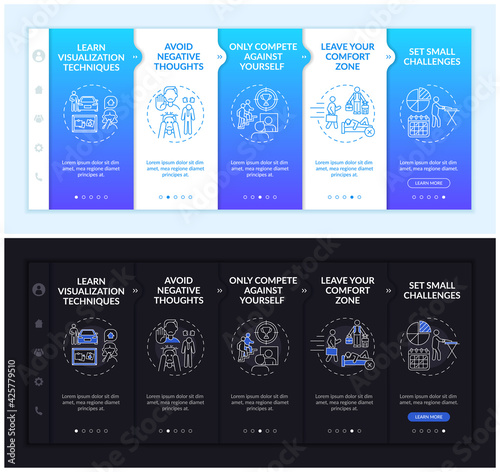Self-improvement tools onboarding vector template. Responsive mobile website with icons. Web page walkthrough 5 step screens. Skills development dark, light mode concept with linear illustrations