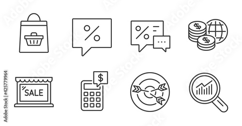 Calculator, Discounts and Discount message line icons set. Sale, Data analysis and World money signs. Online buying, Targeting symbols. Money management, Best offer, Special offer. Vector
