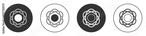 Black Atom icon isolated on white background. Symbol of science, education, nuclear physics, scientific research. Circle button. Vector
