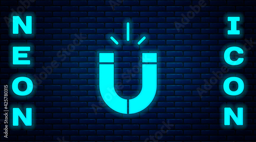 Glowing neon Magnet icon isolated on brick wall background. Horseshoe magnet, magnetism, magnetize, attraction. Vector