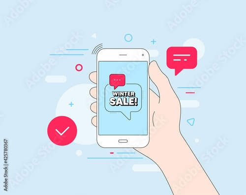 Winter Sale. Mobile phone with offer message. Special offer price sign. Advertising Discounts symbol. Customer service banner. Winter sale badge shape. Phone app speech bubble. Vector