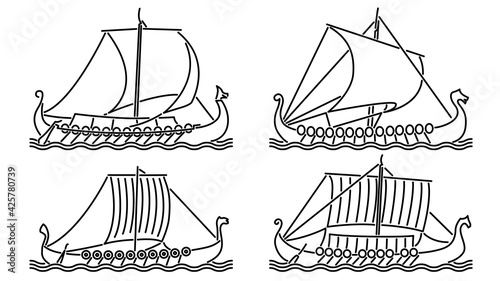 Set of simple vector images of sailing ships of medieval dragonboats (drakkar) drawn in art line style.