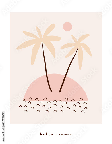 Hello Summer. Funny Hand Drawn Tropical Party Vector Illustration with Palms, Clouds and Sun Isolated on a Light Cream Background. Simple Infantile Style Summer Print ideal for Wall Art, Card, Poster.