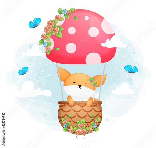 Cute doodle baby fox flying with butterfly in the sky Premium Vector