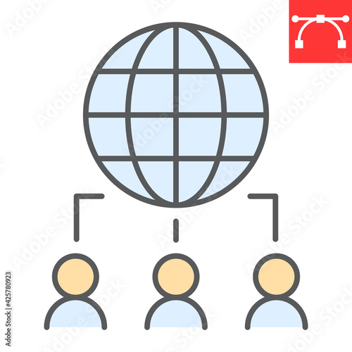 Outsourcing color line icon, global and teamwork, outsource vector icon, vector graphics, editable stroke filled outline sign, eps 10.
