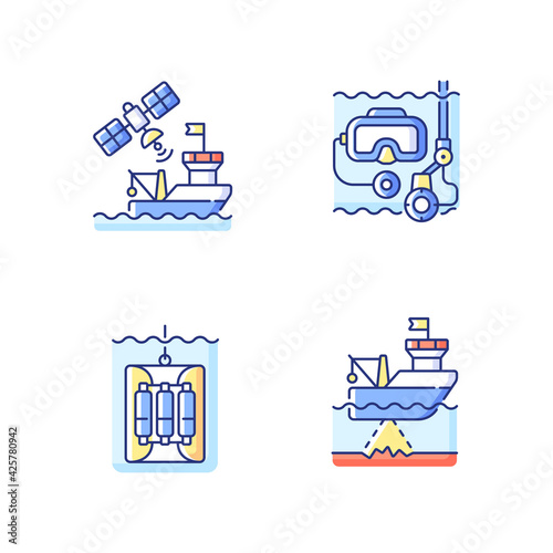 Marine exploration RGB color icons set. Taking water sampler from ocean or sea with use of special equipment and tools. Checking how clean is water. Isolated vector illustrations