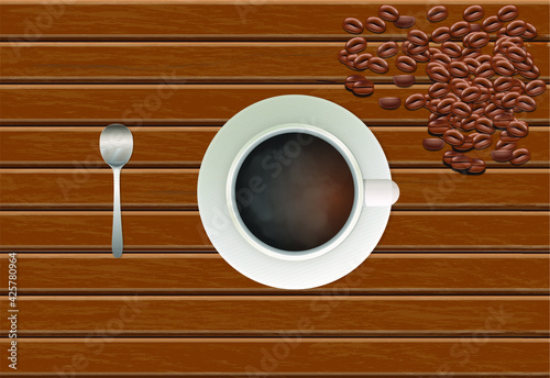 Top view of cup of coffee with spoon and beans on the wooden table