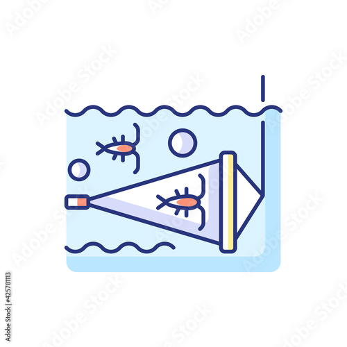 Zooplankton net RGB color icon. Equipment used for collecting samples of plankton in standing bodies of water. Getting information about nature. Isolated vector illustration