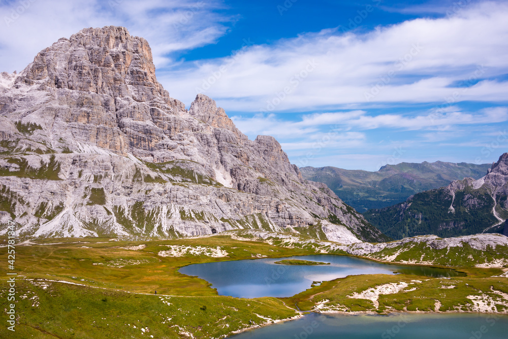 Beautiful mountain lakes in Italian Dolomites, hiking and recreation destination