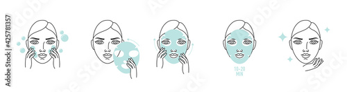 Facial sheet mask guide illustration. Vector face with facial mask.
