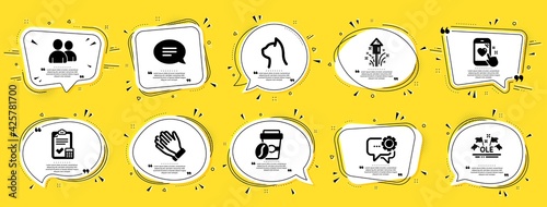 Business icons set. Speech bubble offer banners. Yellow coupon badge. Included icon as Ole chant, Heart rating, Users signs. Takeaway coffee, Fireworks, Pets care symbols. Vector