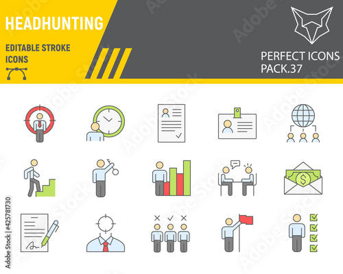 Headhunting color line icon set, head hunting collection, vector graphics, logo illustrations, recruitment vector icons, people signs, filled outline pictograms, editable stroke.