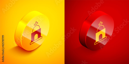 Isometric Old crypt icon isolated on orange and red background. Cemetery symbol. Ossuary or crypt for burial of deceased. Circle button. Vector