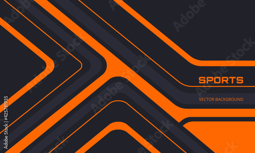 Orange and black sports background with abstract design motion elements, angles and arrows. Abstract dark gray and orange waved background.