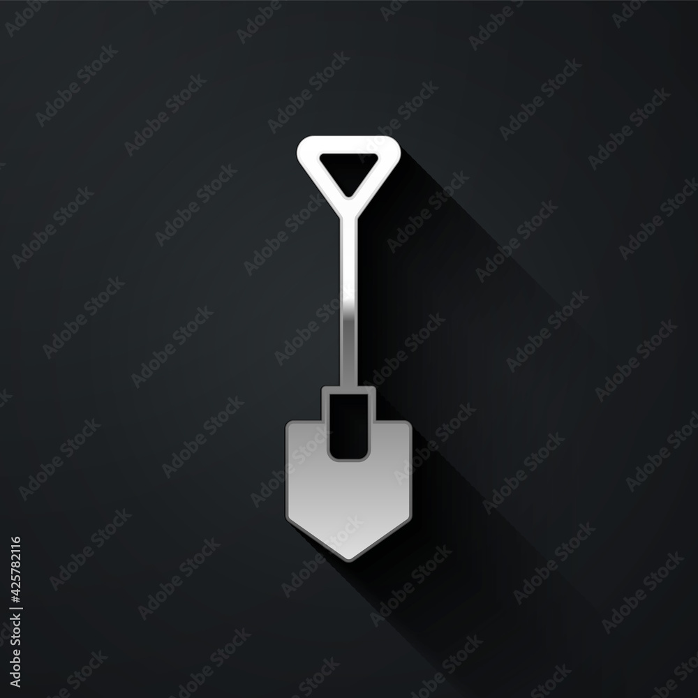 Silver Shovel icon isolated on black background. Gardening tool. Tool for horticulture, agriculture, farming. Long shadow style. Vector Silver Shovel icon isolated on black background. Gardening tool. Tool for horticulture, agriculture, farming. Long shadow style. Vector