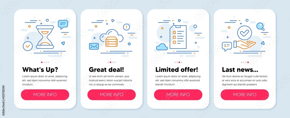 Set of Education icons, such as Cloud server, Checklist, Time symbols. Mobile screen app banners. Approved checkbox line icons. Web storage, Data list, Clock. Verification. Cloud server icons. Vector