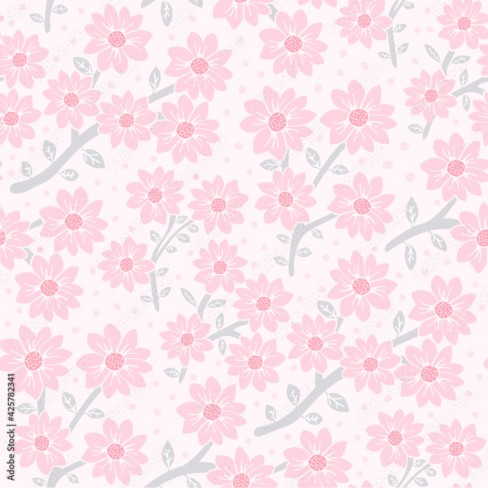 Pink blooming flowers seamless pattern floral background