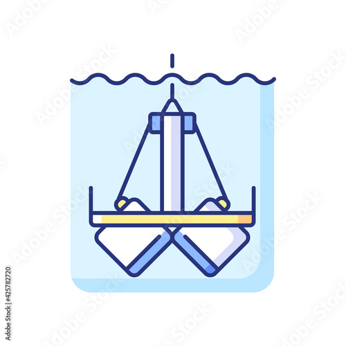 Sediment sampling RGB color icon. Clam shell type scoop setup. Extract samples up to 20 centimeters deep within sampling area. Testing environment. Isolated vector illustration