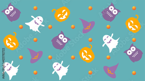 Vector illustration. Traditional flat cartoon characters and Halloween elements: pumpkin, ghost, owl and wizard hat. Cute and funny background. Print for children's clothing.