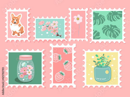 Set of beautiful hand-drawn post stamps. Variety of modern vector isolated post stamp designs. cute post stamps with plant, dog, berries. Mail and post office conceptual drawing.