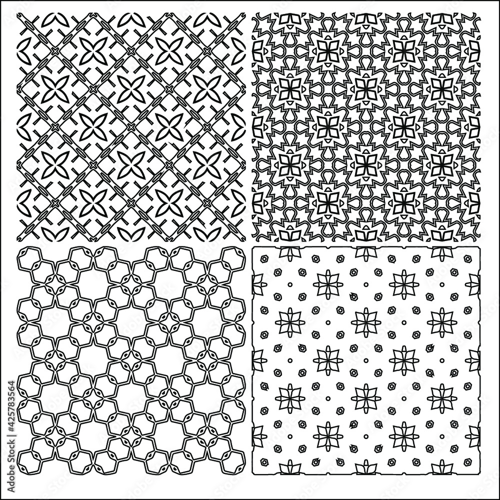 4 Universal different geometric seamless patterns. Endless vector texture can be used for wrapping wallpaper, pattern fills, web background,surface textures. Set of monochrome ornaments