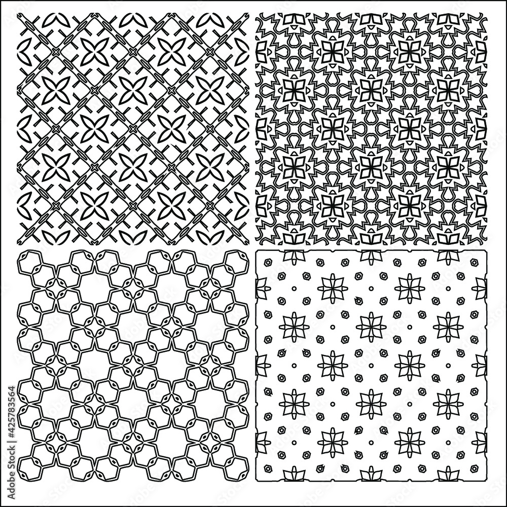4 Universal different geometric seamless patterns. Endless vector texture can be used for wrapping wallpaper, pattern fills, web background,surface textures. Set of monochrome ornaments 4 Universal different geometric seamless patterns. Endless vector texture can be used for wrapping wallpaper, pattern fills, web background,surface textures. Set of monochrome ornaments