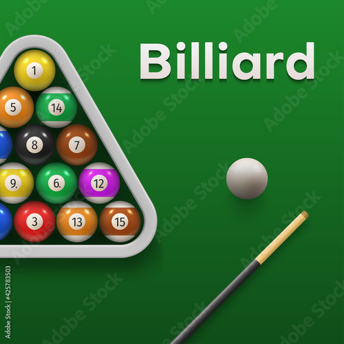 Colorful pool billiards banner tournament advertising with place for text vector illustration