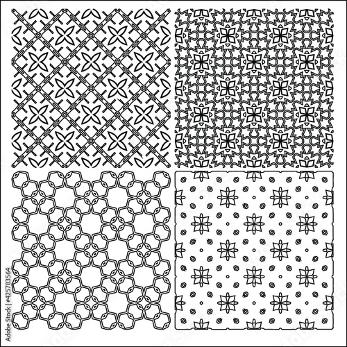 4 Universal different geometric seamless patterns. Endless vector texture can be used for wrapping wallpaper, pattern fills, web background,surface textures. Set of monochrome ornaments