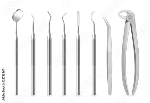 Collection of realistic metal dental instruments vector illustration dentistry surgery equipment