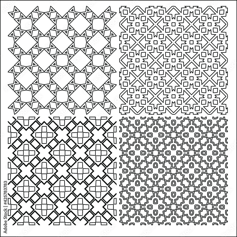 4  Universal different geometric seamless patterns. Endless vector texture can be used for wrapping wallpaper, pattern fills, web background,surface textures. Set of monochrome ornaments