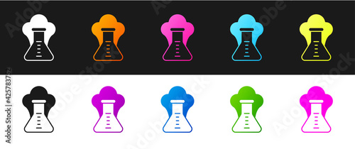 Set Chemical experiment, explosion in the flask icon isolated on black and white background. Chemical explosion in a test tube. Vector