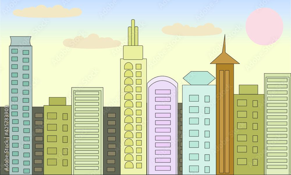 Cityscape skyline with skyscrapers. Tall buildings skyscraper landscape. Urban center downtown big city megapolis vector cartoon panorama background wallpaper
