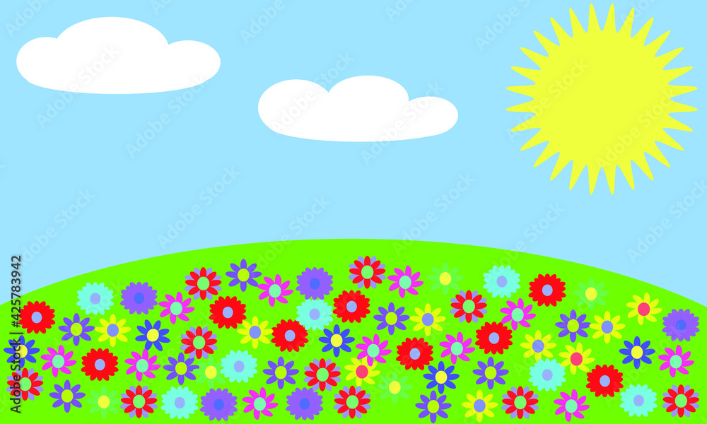 Fototapeta premium Green hill mountain field of flowers, blue sky, sun and clouds vector cartoon nature summer wallpaper background landscape