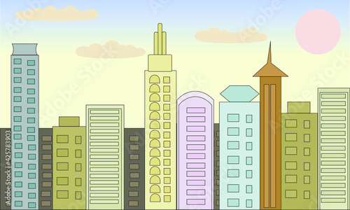 Cityscape skyline with skyscrapers. Tall buildings skyscraper landscape. Urban center downtown big city megapolis vector cartoon panorama background wallpaper