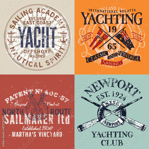 Vintage nautical ocean sailing graphic vector collection of grunge prints for t shirt