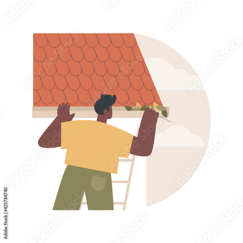 Gutter cleaning abstract concept vector illustration. Home maintenance, rooftop, construction business, roof repair, power wash, leaf and moss removal, downspout pipe, autumn abstract metaphor.